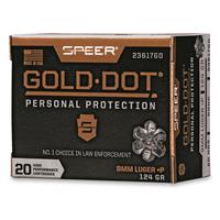 Speer Gold Dot, 9mm+P, GDHP, 124 Grain, 20 Rounds