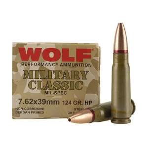 Wolf Military Classic Rifle Ammunition 7.62x39 124 gr HP 2330 fps - 1000/ct 20/box (50 Box Case)