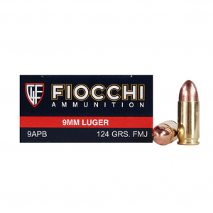 FIOCCHI 9mm Luger 124 Grain FMJ Ammo, 50 Round Box (9APB)