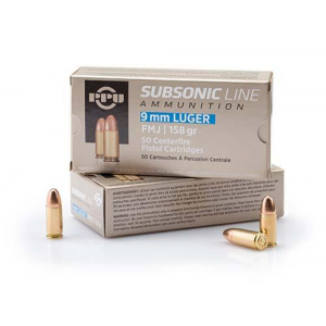 PPU Subsonic Handgun Ammunition 9mm Luger FMJ 158 gr 950 fps 50/ct