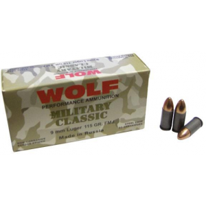 Wolf Miltary Classic Handgun Ammunition 9mm Luger 115 gr FMJ 1150 fps 50/box