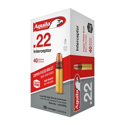 Aguila Interceptor 22 Long Rifle Rimfire Ammo - 22 Long Rifle 40gr Copper Plated Solid Point 50/Box